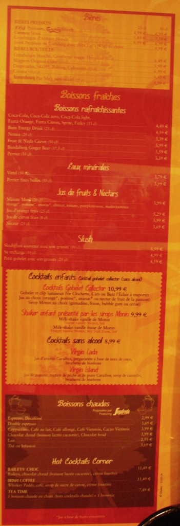 Les cartes / menus - Hôtels et bars Disneyland Paris – Août 2015 